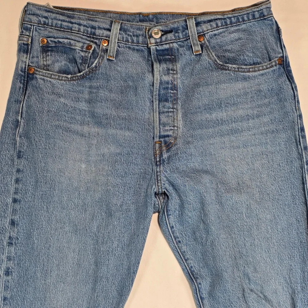 Levis 501 Skinny Jeans Mens 32x30 Blue Distressed Button Fly Raw Hem 29502-0203